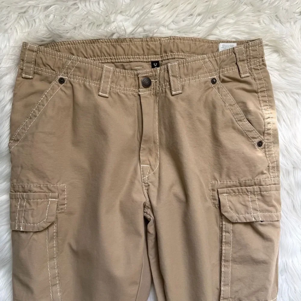 True Religion Big T Cargo Jogger Mens 34 Beige Khaki  Pockets Pants Drawstring